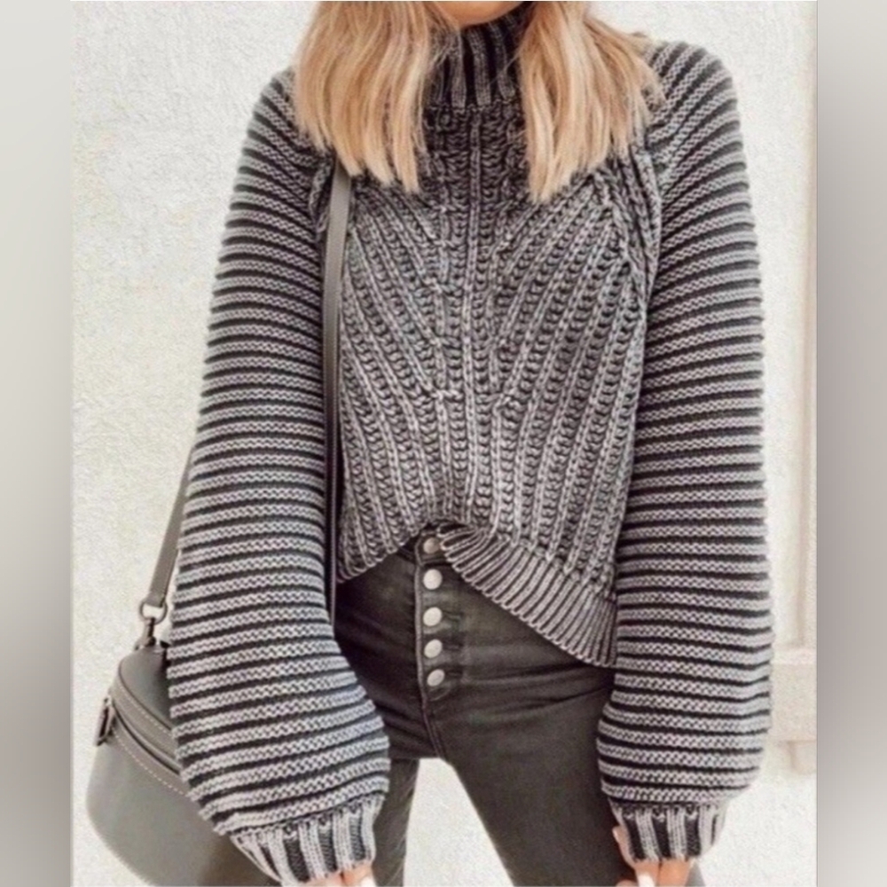 Free People Cable Chunky Knit Sweater - Grey